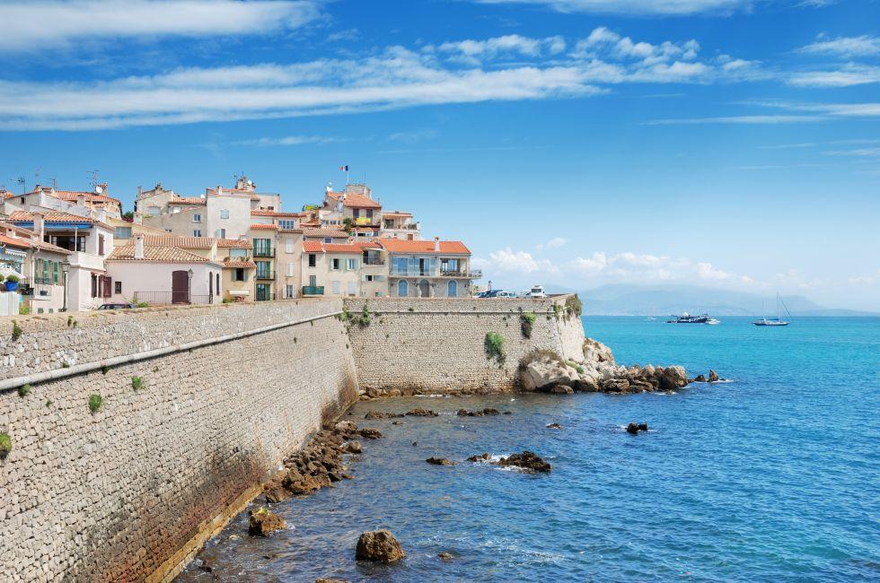 Ligurian sea and coastal wall in Antibes, France.