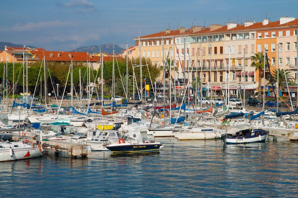 ST RAPHAEL, FRANCE-OCTOBER  12. A picturesque tourist port in the south of France on October 12  2012 in St Raphael, France. Tourists charter boats to St Tropez from this port.; Shutterstock ID 136305437; Project/Title: Top 100; Downloader: Fodor's Travel