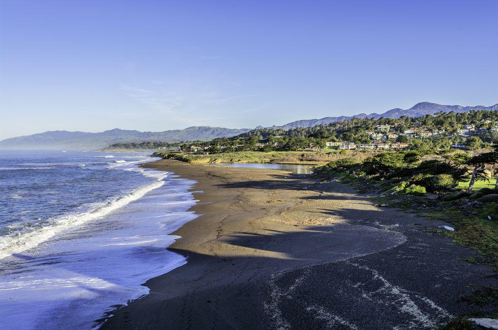 Moonstone Beach after King / High tide.Shame Park, Park Hill, &amp; Santa Rosa Creek Estuary can be seen in the background, on California-Central-Coast, near Cambria CA 