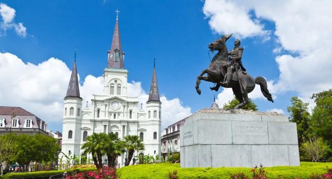 Saint Louis Cathedral and statue of Andrew Jackson in the Jackson Square New Orleans.