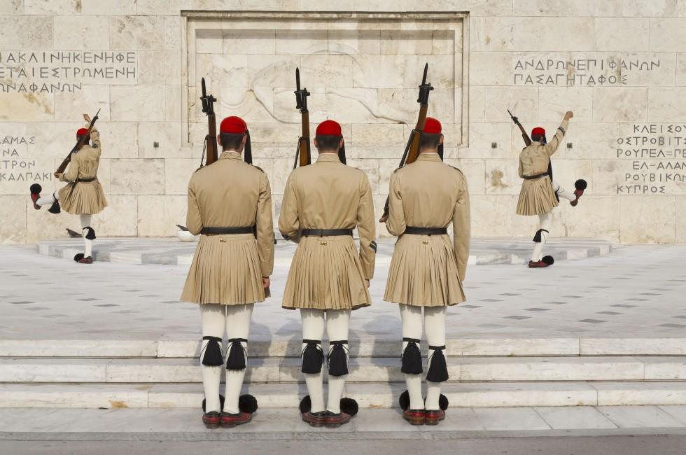 Ceremonial changing guards in Athens, Greece;