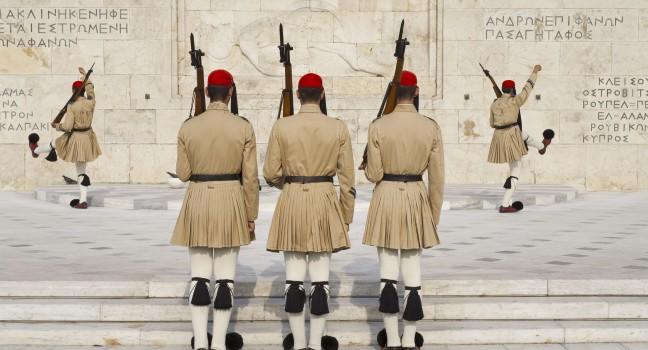 Ceremonial changing guards in Athens, Greece;