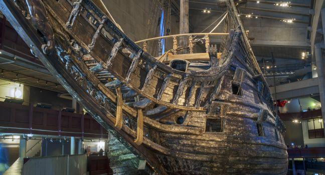 STOCKHOLM, SWEDEN  MAY 17, 2014: The Vasa Museum displays the only almost fully intact 17th century ship that has ever been salvaged, the 64-gun warship Vasa that sank on her maiden voyage in 1628.