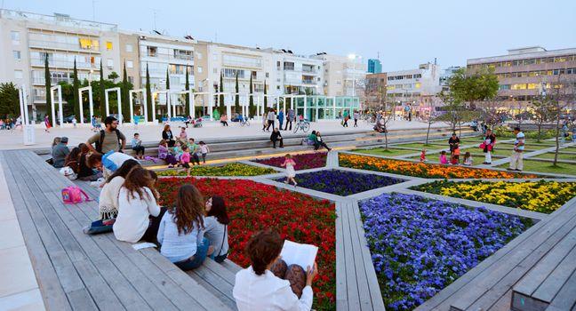 TEL AVIV - MAR 28 2015:Habima Square in Tel Aviv, Israel.It's a public space, home to cultural institutions such as Habima Theatre, Culture Palace and Helena Rubinstein Pavilion for Contemporary Art.