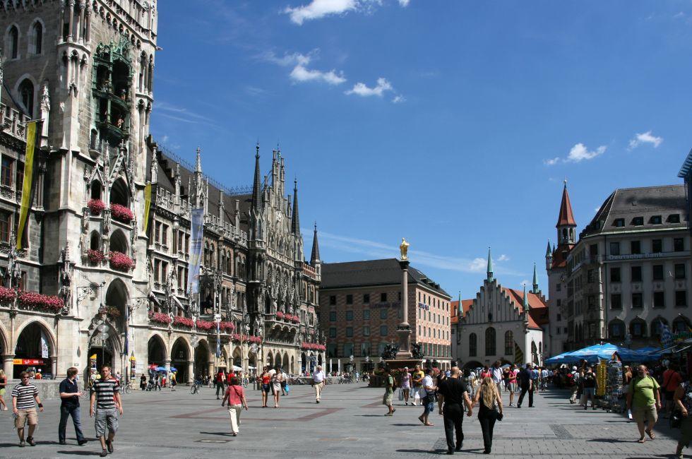 MUNICH - AUGUST 7: View of famous Marienplatz on August 7, 2008 in Munich, Germany. Marienplatz is the always crowded very heart of the city.; 