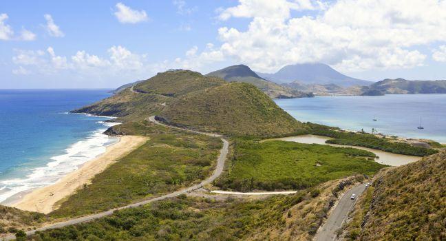panoramic view of st kitts with nevis in background; 