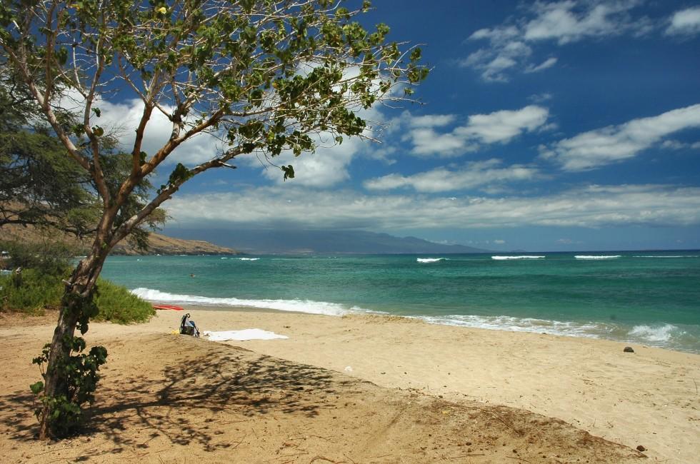 The lovely and quiet Puamana Beach in west Maui in the Hawaiian Islands.