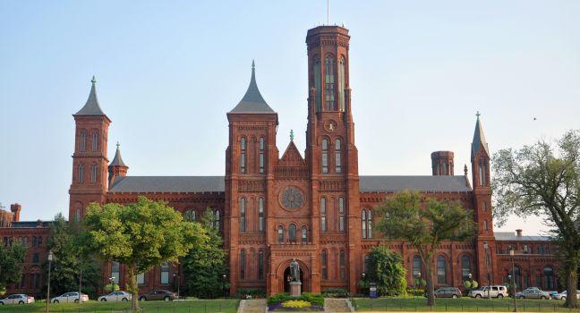 The front Victorian facade of the Smithsonian Castle in Washington, District of Columbia, USA.