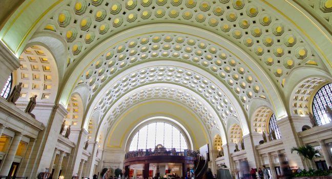 Interior view of historical Union Station in Washington DC USA.