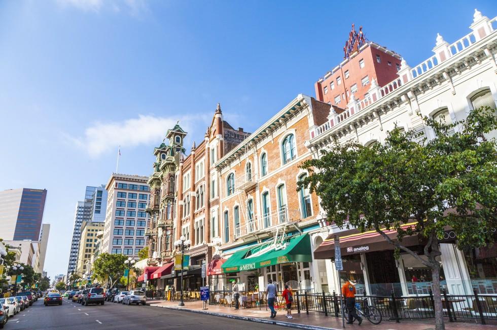 SAN DIEGO, USA - JUNE 11: facade of houses in the gaslamp quarter on June 11,2012 in San Diego, USA. The area is a historic district on the National Register of Historic Places and dates back to 1867.