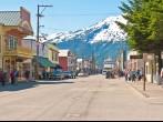 SKAGWAY, AK - JUNE 2: Main shopping district in the small town of Skagway on June 2, 2009.  During the summer months, Skagway receives more than 800,000 visitors from cruise ships