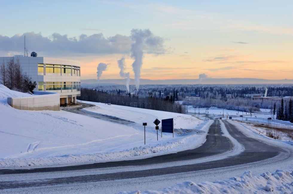 University of Alaska Fairbanks, and the city of Fairbanks in the winter at sunset 