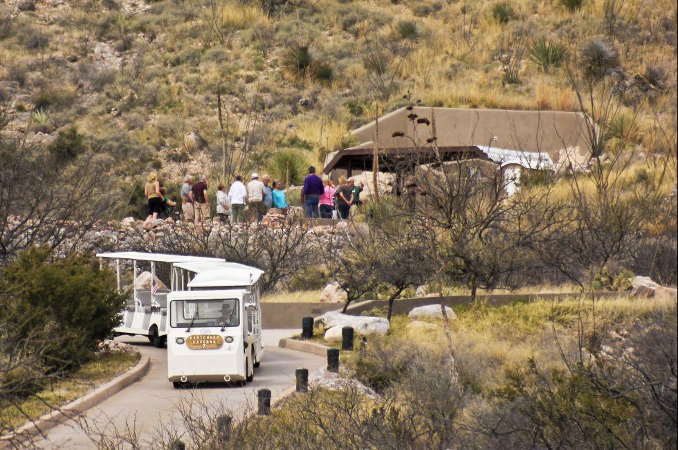 BENSON, ARIZONA - MARCH 12: Kartchner Caverns on March 12, 2015, near Benson, Arizona. Kartchner Caverns near Benson in Arizona. A shuttle bus drops a group of tourists at the cave entrance for a tour of Kartchner Caverns near Benson in Arizona.