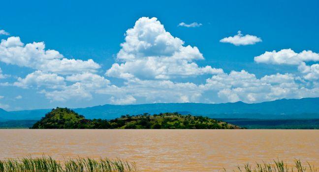 Landscape of the Victoria lake in Kenya with blue sky