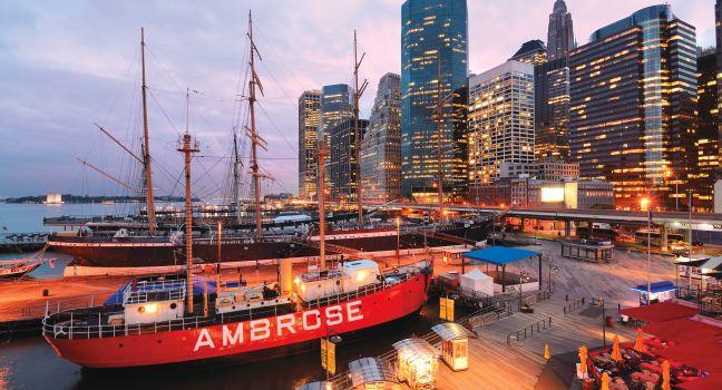 South Street Seaport in New York, NY. The port is a designated historic district containing the largest concentration of 19th century landmarks in the city.