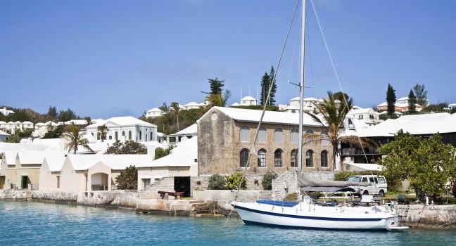 Sailing ship along the waterfront of the town of St. George's, Bermuda.
