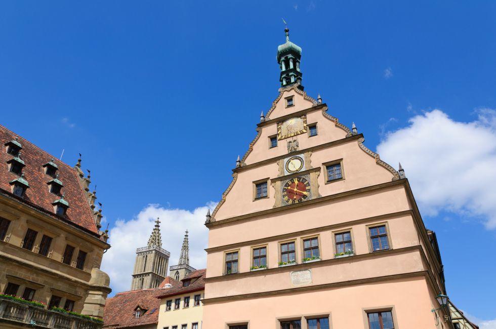 Historic Town Hall and Meistertrunk clock of Rothenburg ob der Tauber, Germany