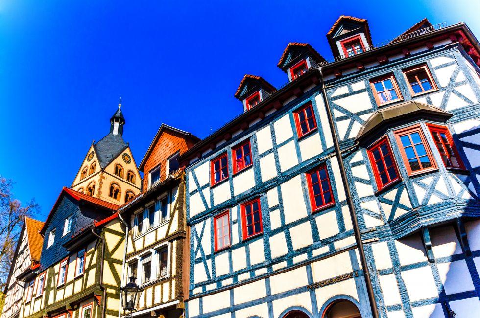 Historic wood-framed houses in Barbarossa town Gelnhausen, the geographic center of the European Union in 2010, Hesse, Germany.