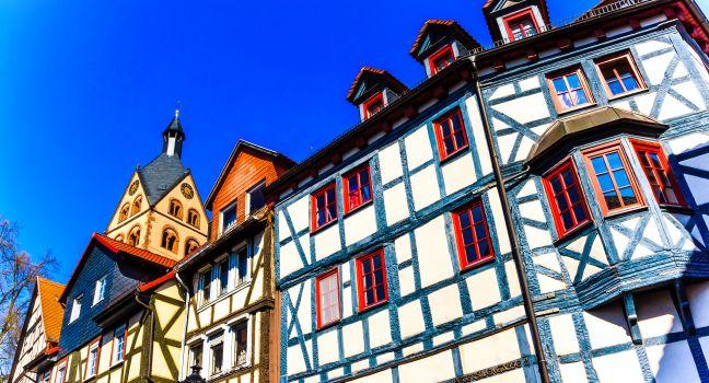 Historic wood-framed houses in Barbarossa town Gelnhausen, the geographic center of the European Union in 2010, Hesse, Germany.