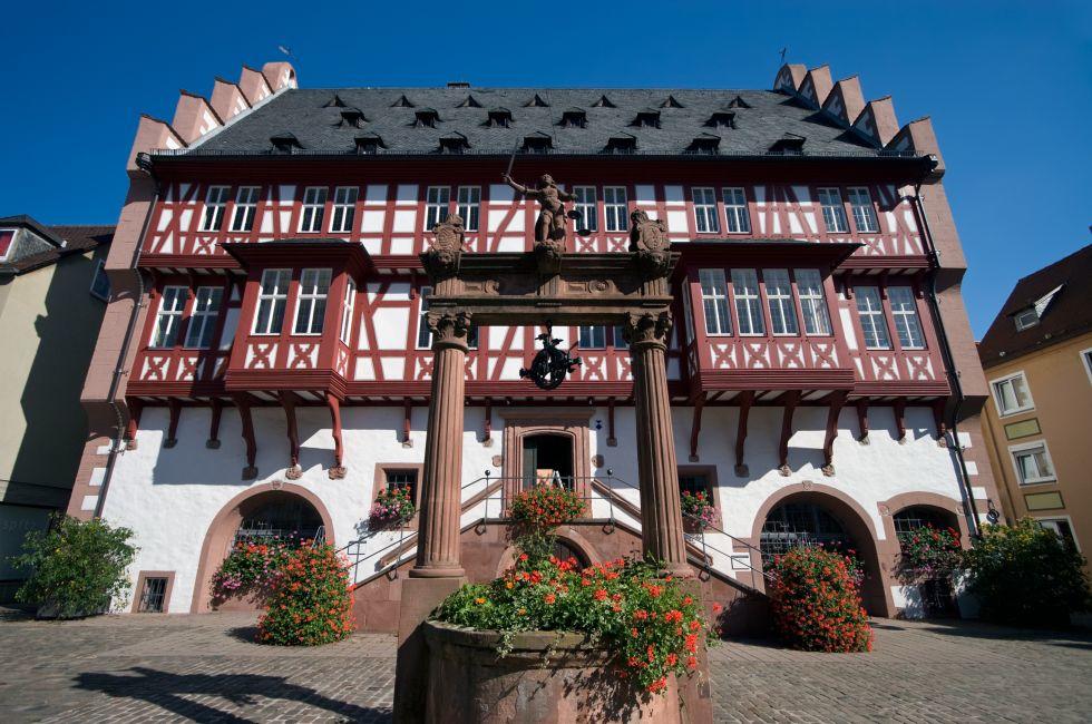 The old town hall of Hanau, Germany in the old city market plaza. 