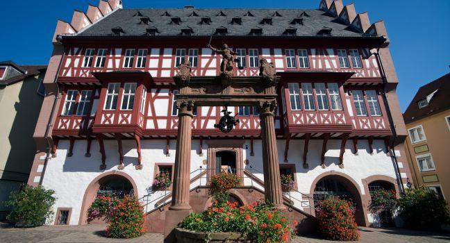 The old town hall of Hanau, Germany in the old city market plaza. 