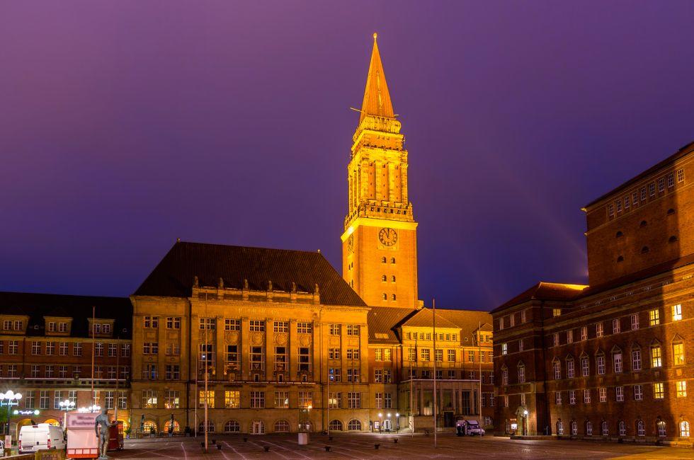 Night view of Kiel city hall - Germany.