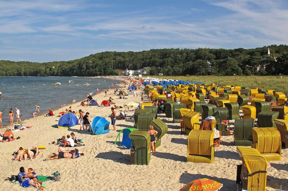 Beach full of chairs on Ruegen island. Village of Binz at the Baltic Sea, Germany.