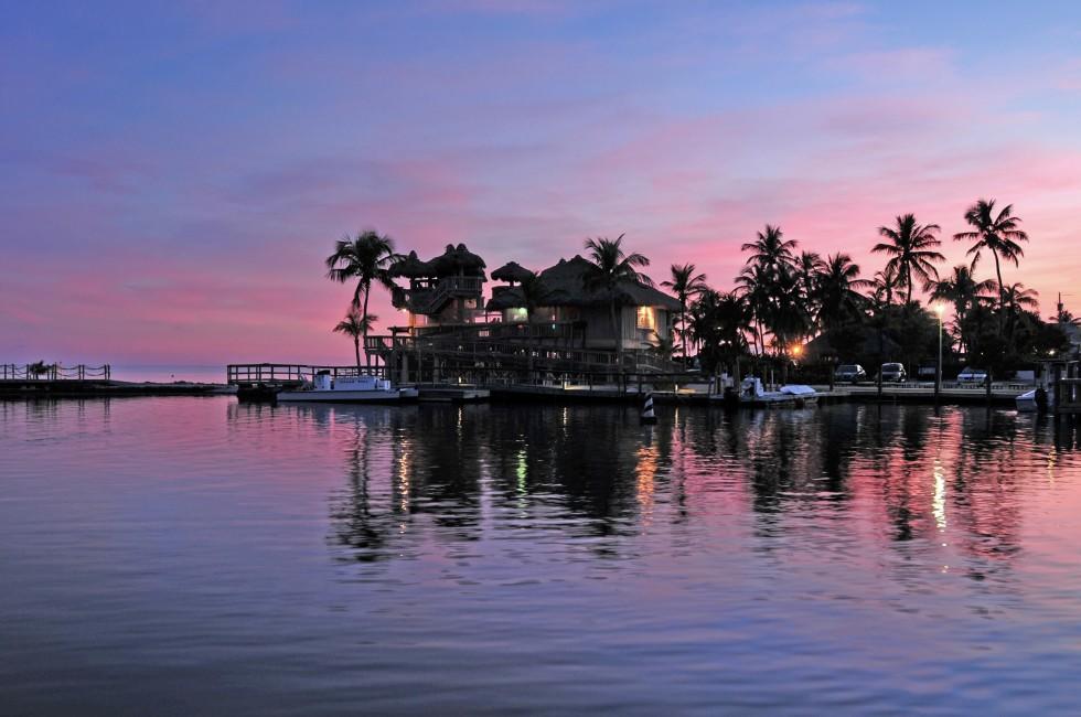 Islamorada Florida. Florida Keys Sunset with Ocean Front and Palm Trees.