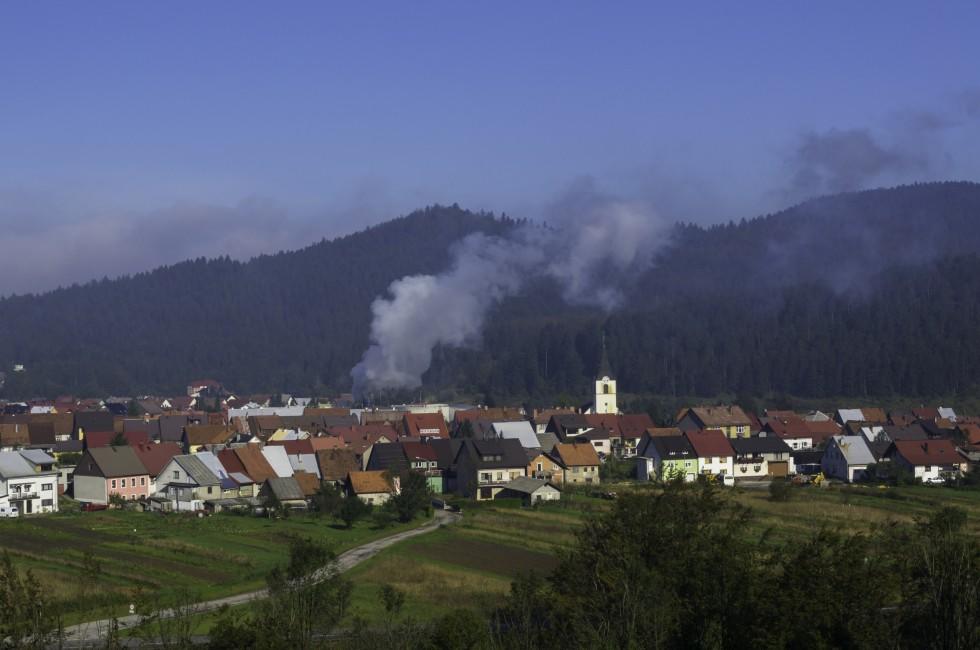 Gorski Kotar, Delnice, Croatia, photographed in early morning, with green forrest across The City, and Green meadows and fields.