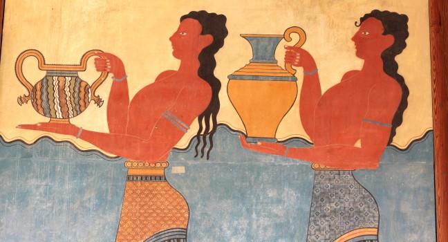 Fresco at the south entrance of the Palace of Knossos. It is the largest Bronze Age archaeological site on Crete 