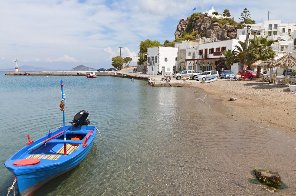 Beach at the Scala port of Patmos island in Greece; 
