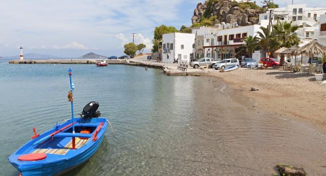 Beach at the Scala port of Patmos island in Greece; 
