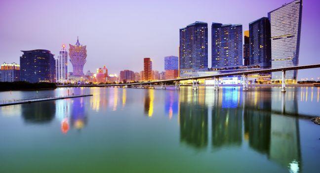 Resorts and casinos along the skyline of Macau, China.