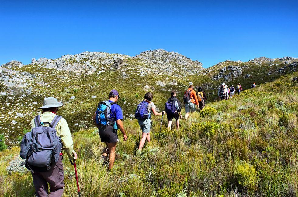 File of hikers walks in mountains. Shot on Pieke, Jonkershoek Nature Reserve, near Stellenbosch, Western Cape, South Africa.