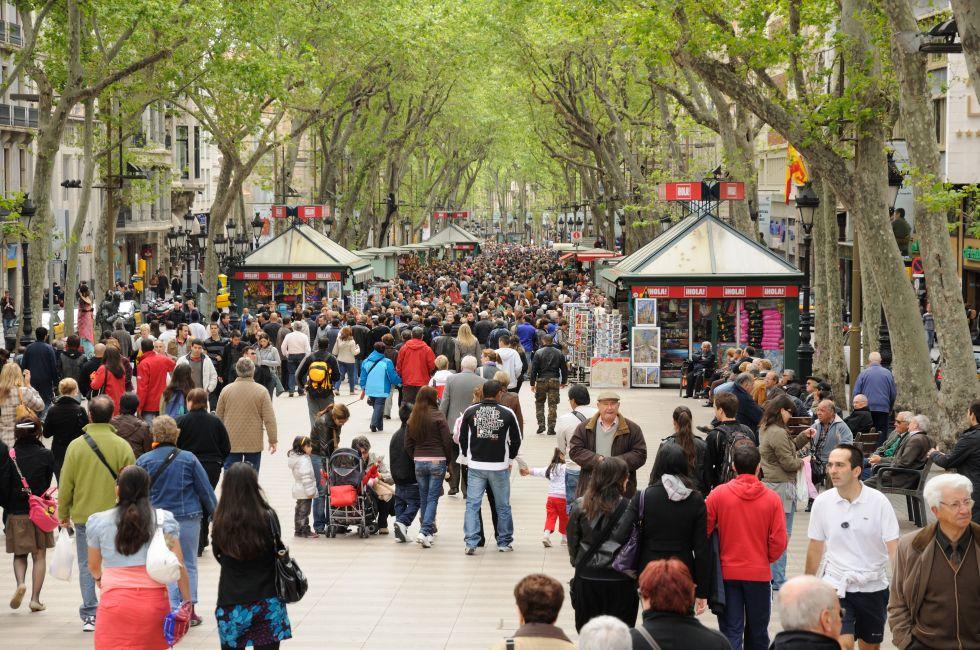 People walk by at the famous La Rambla in Barcelona, Spain.