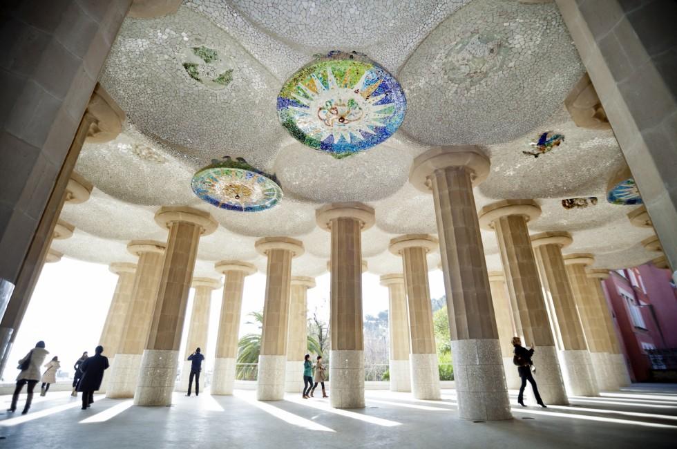 Hipostyle hall at Parc Guell by Antoni Gaudi. Barcelona, Spain.