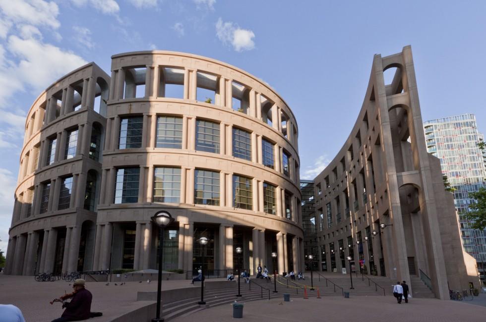 The modern building that looks like a spiral with four stories.&#x2028;Vancouver Public Library, British Columbia, Canada.