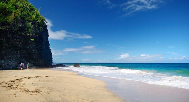 Hanakapiai beach as one of checkpoints of Kalalau trail of Napali coast, Kauai, Hawaii.