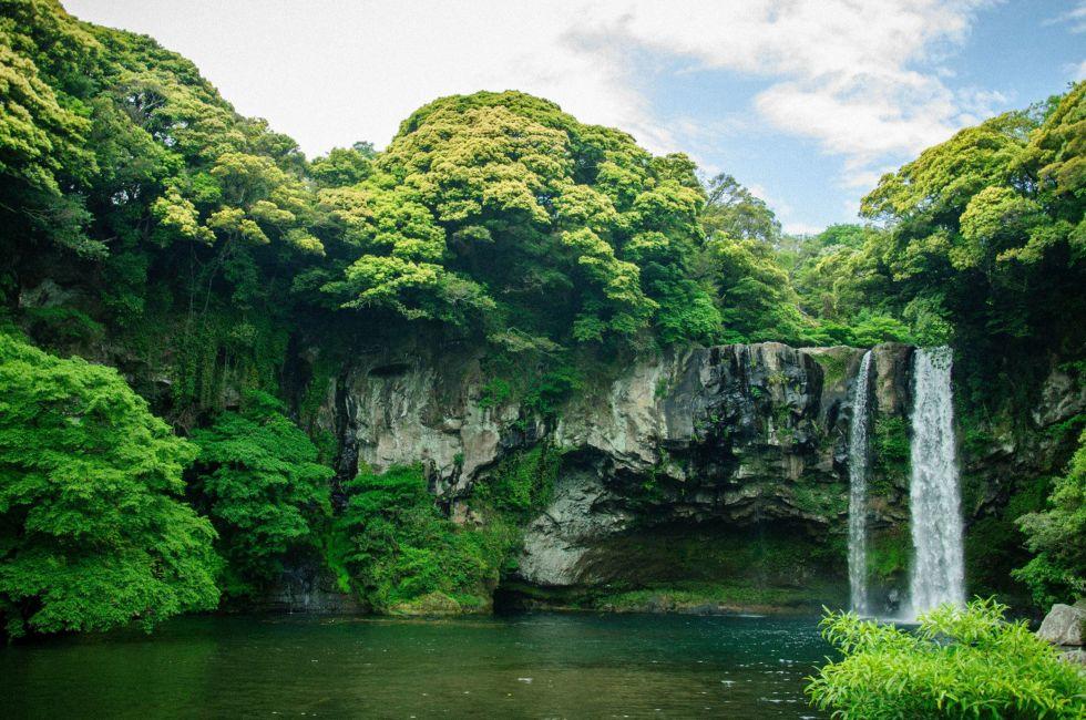 Cheonjiyeon Waterfall is a waterfall on Jeju Island, South Korea. The name Cheonjiyeon means sky. This picture could be use in promoting the place.