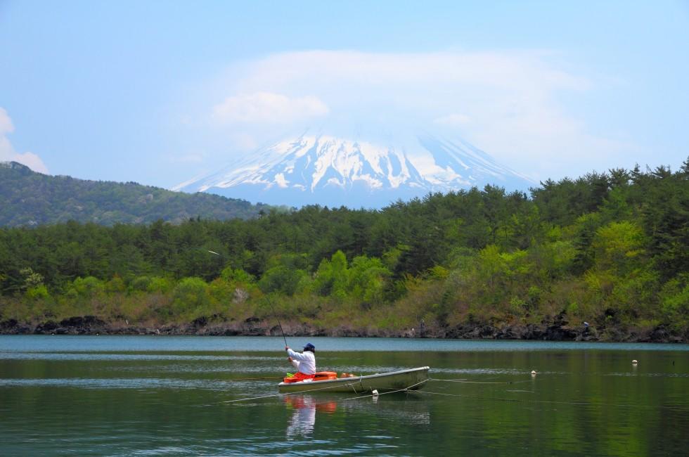 Japan landscape with Mount Fuji - Lake Saiko fisherman and the famous volcano. Part of Fuji Five Lakes in Fuji-Hakone-Izu National Park.