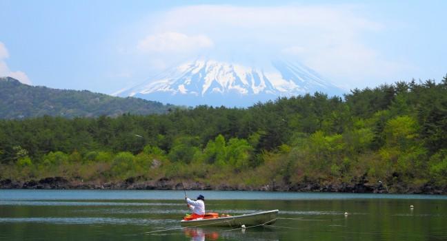 Japan landscape with Mount Fuji - Lake Saiko fisherman and the famous volcano. Part of Fuji Five Lakes in Fuji-Hakone-Izu National Park.