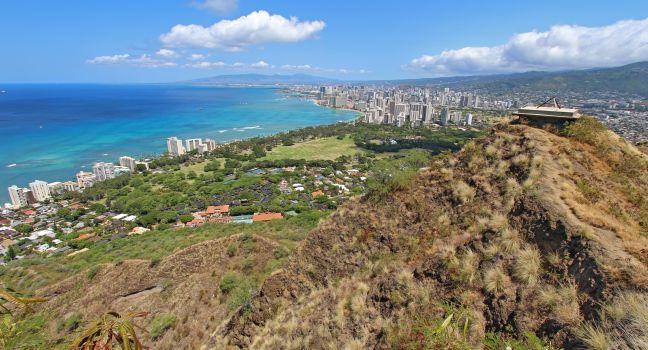 Rim of Diamondhead Crater, Waikiki Beach and all of Honolulu in the distance from the top of the trail.