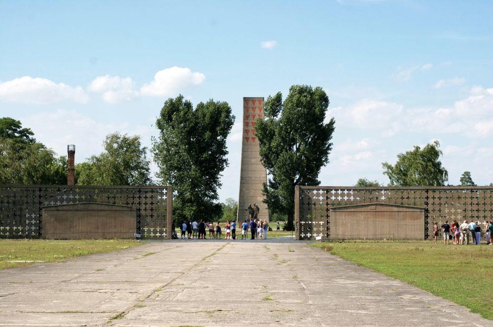 Sachsenhausen-Oranienburg concentration camp with barracks and Soviet Liberation Memorial on the background, Germany.