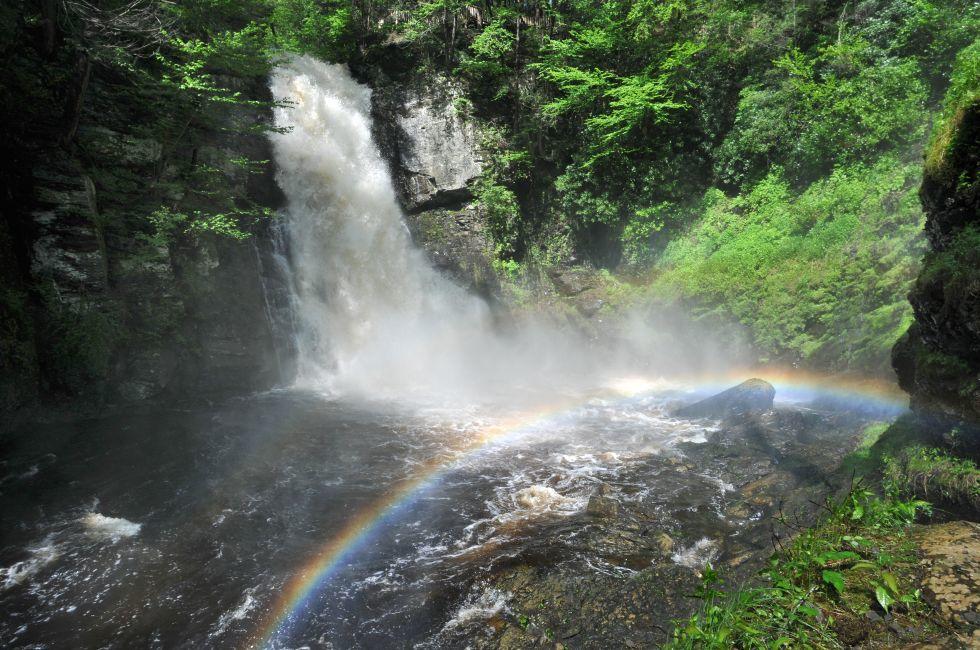 Bushkill waterfall with rainbow in Poconos , PA