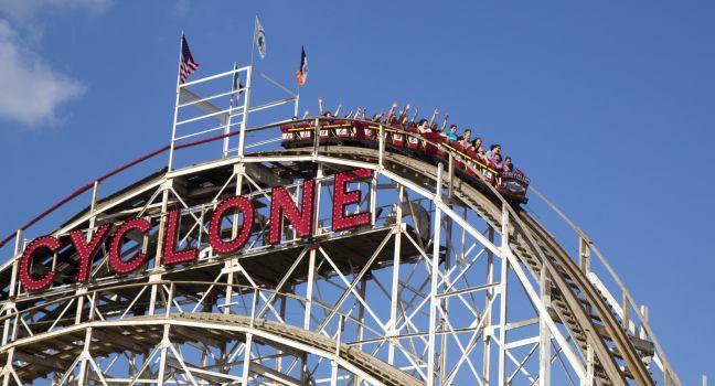 Historical landmark Cyclone roller coaster on May 17, 2014 in the Coney Island section of Brooklyn. Cyclone is a historic wooden roller coaster opened on June 26, 1927.