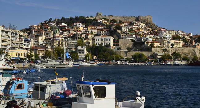 Greece, Kavala, harbour, ancient city wall and castle; 