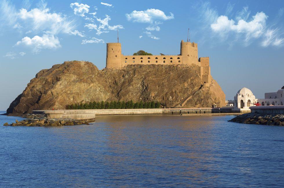 Fort Al-Jalali in Muscat, Oman.Impressive twin forts at the entrance of Old Muscat's harbor near Sultan Qaboos palace. View from Al-Mirani fort area;