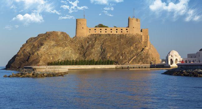 Fort Al-Jalali in Muscat, Oman.Impressive twin forts at the entrance of Old Muscat's harbor near Sultan Qaboos palace. View from Al-Mirani fort area;
