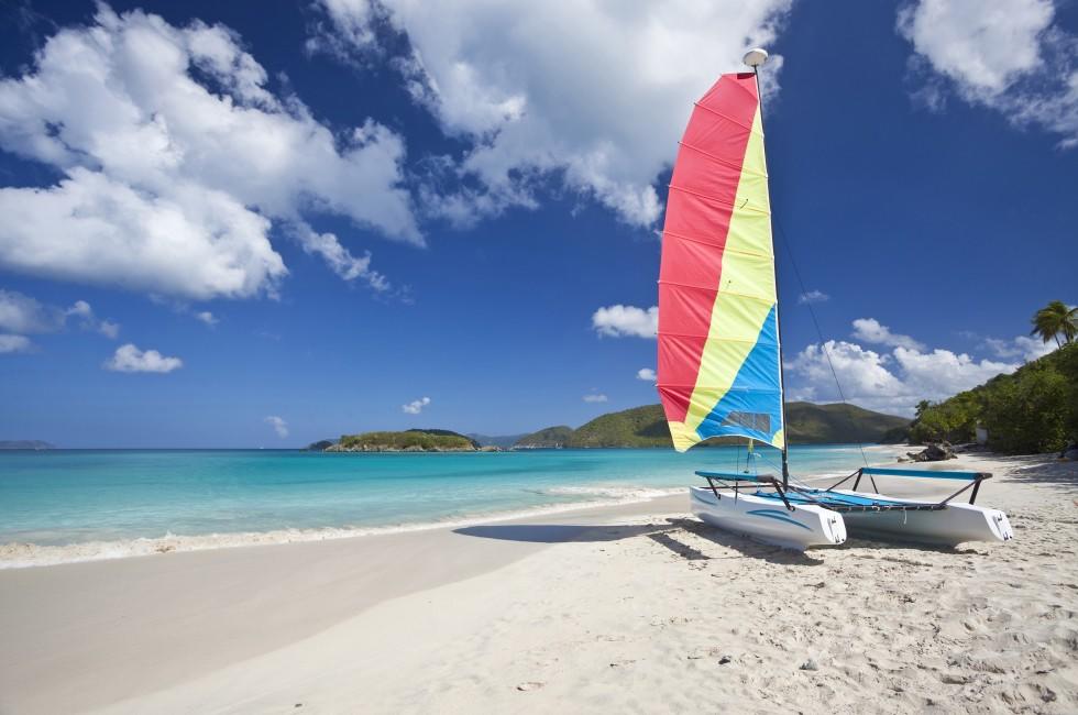 Sailboat on a beach in Cinnamon Bay on the north shore of St. John in US Virgin Islands