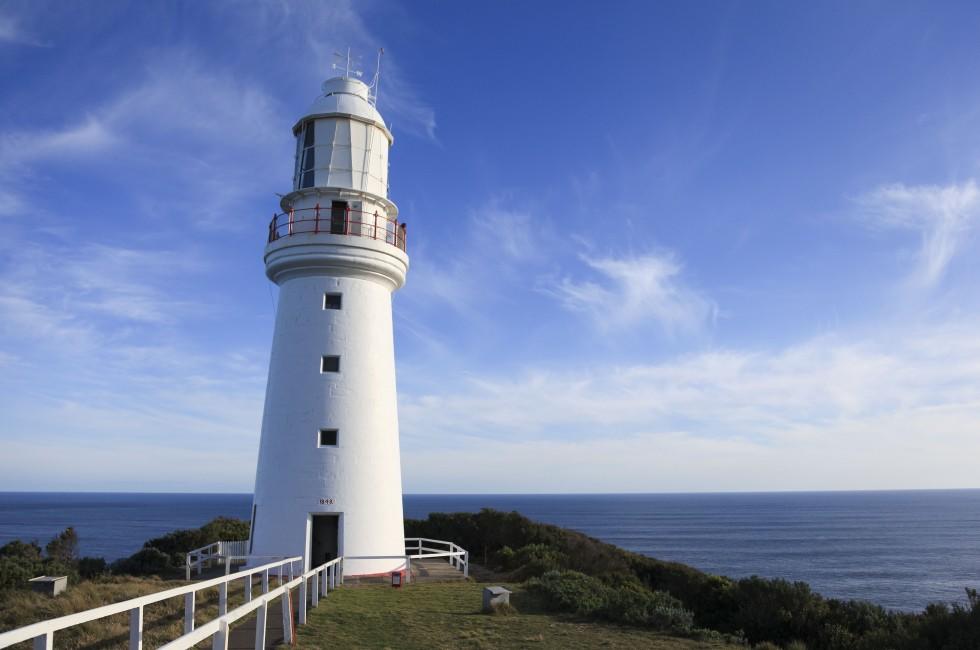 Cape Otway Lighthouse with a clear blue sky, Great Ocean Road, Australia